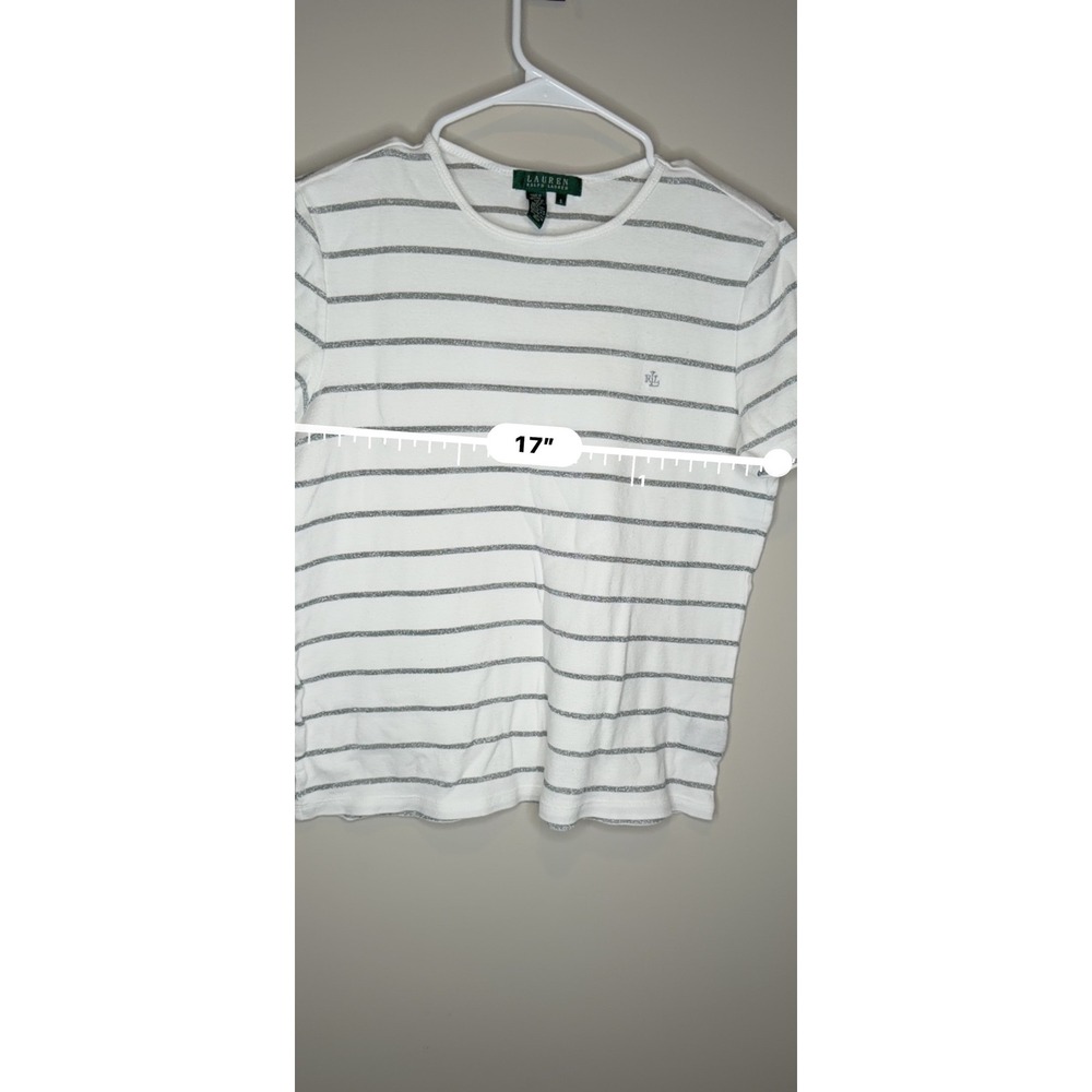 Lauren Ralph Lauren White Silver Metallic Stripe Short Sleeve Tee Smal - Picture 5 of 7